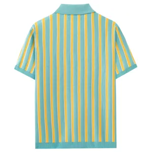 Men's summer knit polo shirt, short sleeve, blue and yellow vertical striped design, back view.