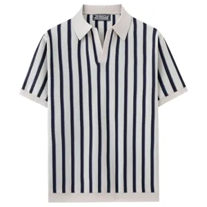 Close-up detail of knitted striped polo shirt with short sleeves and open collar design.