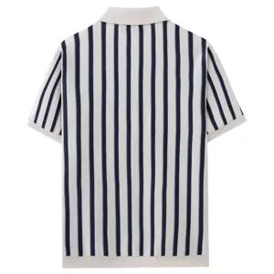 Back detail view of men knit polo shirt featuring vertical stripes and short sleeves.
