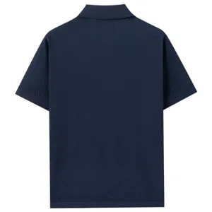 Men's navy blue short sleeve knit polo shirt, breathable hollow out mesh design, back view detail.