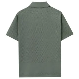 Men summer knit polo shirt breathable hollow mesh short sleeve business casual top green