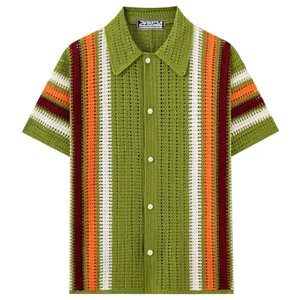 Close-up detail of the men's striped crochet knit polo shirt texture and collar design.