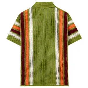 Men's summer hollow knit polo shirt, retro striped colorblock casual short sleeve top.