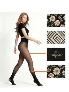 Winter fleece-lined black sheer thermal pantyhose with custom floral and geometric pattern details.