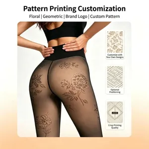Fleece Lined Sheer Black Tights Floral Print High Waist Falsely Transparent Pantyhose