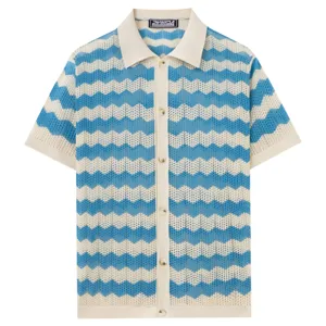 Blue and white striped knit mesh polo shirt detail, breathable short sleeve open cardigan.