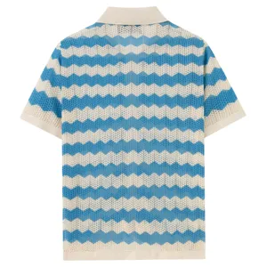 Men's blue and white chevron knit polo shirt, breathable mesh short sleeve top.