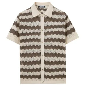 Men's retro chevron knit polo shirt summer breathable hollow striped cardigan top