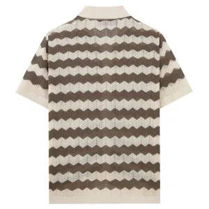Back detail view of men's short sleeve knitted polo shirt in brown beige zigzag stripe mesh design.