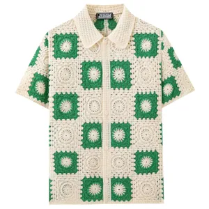 Men's green and white crochet knit short sleeve polo shirt with hollow out granny square pattern.