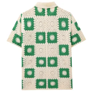 Men's vintage crochet knit polo shirt short sleeve color block plaid hollow cardigan top