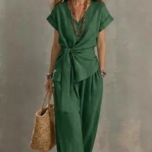 Women Minimalist V Neck Belted Top And Wide Leg Pants Top And Bottom Set Elegant Woven Solid Color Casual Two Piece Outfit