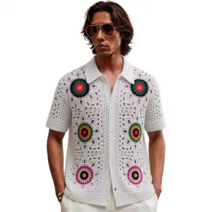 Men's white crochet short sleeve polo shirt knit cardigan with colorful floral design.