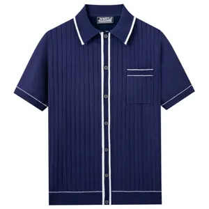 Men's knitted short sleeve polo shirt with contrast piping and lapel design detail.