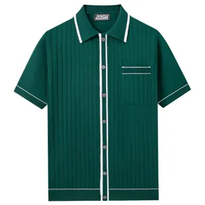 Men's green knit short sleeve polo shirt detail, contrast trim lapel and pocket design.