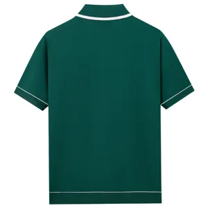 Men's dark green knit short sleeve polo shirt detail view, stylish white tipping trim.