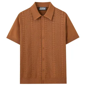 Men's short sleeve knit polo shirt summer casual lapel brown hollow out pullover top.