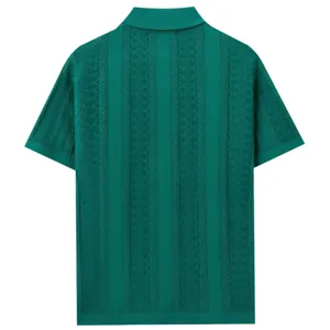 Green knit polo shirt with hollow vertical jacquard texture, breathable summer men's top detail.