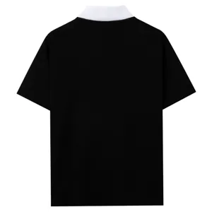 Back detail of men's short-sleeve knit polo shirt with contrast white collar and black body.