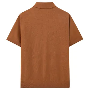 Detail view of men summer short sleeve knit polo shirt in solid brown casual top.