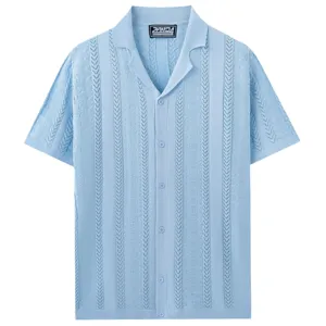 Men's Summer Cuban Collar Hollow Knit Cardigan Short Sleeve Casual Blue Polo Shirt