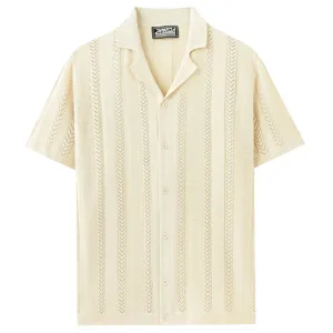 Men's summer casual Cuban collar hollow knit shirt solid breathable short sleeve cardigan.