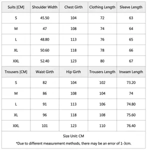 Tabella taglie dettagliata per set abito e pantaloni da uomo, misure precise dalla S alla XXL.