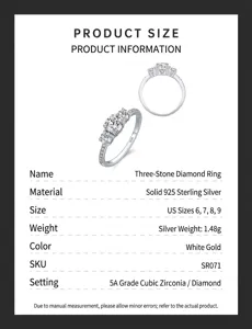 S925 sterling silver three stone ring size chart with 5A zirconia engagement jewelry spec.