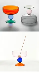 Dettaglio del bellissimo bruciatore di incenso in vetro colorato dal design minimalista.