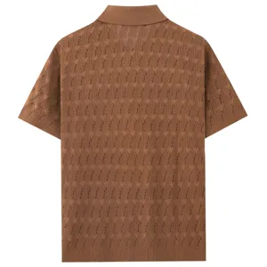 Close-up detail of the brown knit short-sleeve polo shirt with breathable hollow pattern.