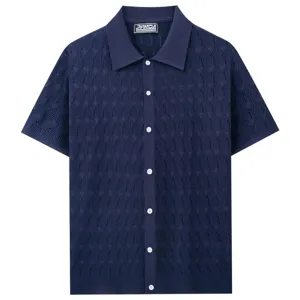 Detailed view of men's navy blue hollow knit polo shirt, breathable short sleeve design.