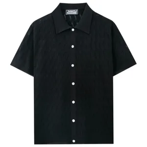 Men's black hollow knit short sleeve polo shirt, breathable summer casual lapel top.