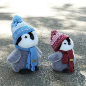 Cute Penguin Plush Toy Stuffed Animal with Knitted Hat and Scarf Soft Soothing Doll Birthday Gift for Kids Girls