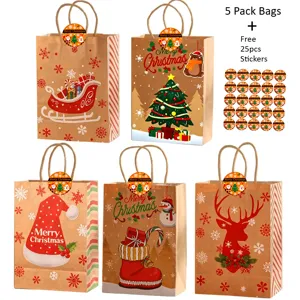 Christmas kraft paper gift bags set of 5 with festive stickers for holiday party favors packaging