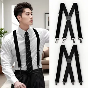 Bretelle elastiche nere uomo forma X 4 clip cinghie pantaloni vista dettaglio stile quotidiano