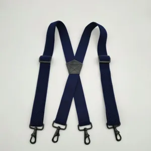 Bretelle elastiche da uomo 3,8 cm con schiena a X, 4 ganci metallici neri e cinghie blu scuro.
