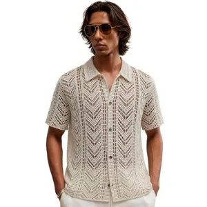 Men's casual crochet short sleeve knit shirt, stylish breathable hollow out button up polo top.