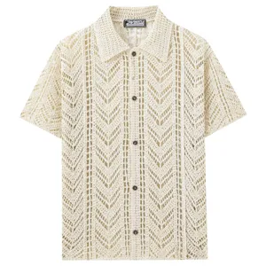 Mens vintage crochet short sleeve shirt casual open knit button up polo top summer fashion