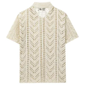 Men casual beige crochet knit short sleeve shirt stylish summer breathable top.