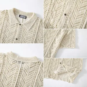 Men's beige crochet knit polo shirt detail view, showing breathable textured pattern and collar.