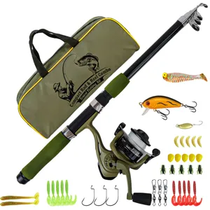 Reisvishengerset met telescoopvishengel, spinning reel en uitgebreide aasset.