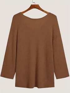 T-shirt à manches longues en tricot gaufré col V marron pour homme pull décontracté uni