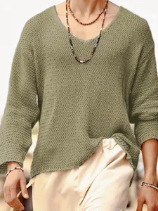 Pull Homme Col V Manches Longues Tricot Ajusté Casual Uni Décontracté Automne