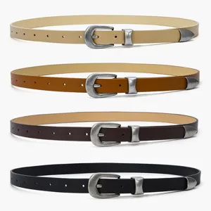 Women thin leather belt set, vintage metal buckle, four colors casual waist belt for dress.
