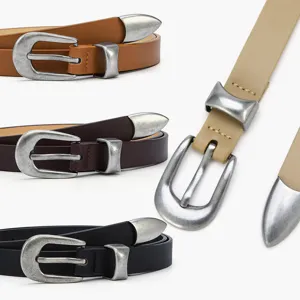 Women's retro metal buckle waist belt simple versatile slim leather belt fashion accessory.