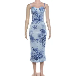 Blue printed sleeveless spaghetti strap bodycon midi dress, sexy summer streetwear.