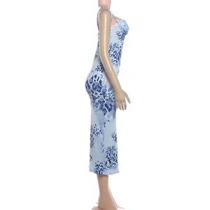 Sexy summer women sleeveless slip dress slim fit blue print bodycon midi dress for party