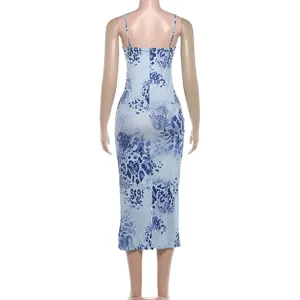 Back view of a sexy sleeveless slip dress with blue abstract print, elegant slim fit style.
