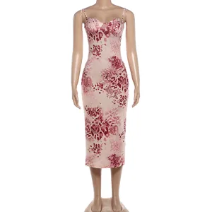 Sexy women summer sleeveless spaghetti strap low-cut abstract print bodycon midi dress