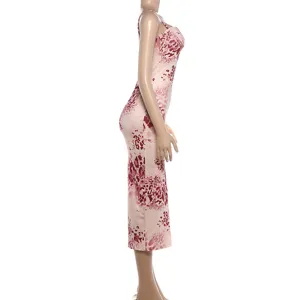 Women sleeveless slip bodycon dress side view, pink abstract print fabric detail.